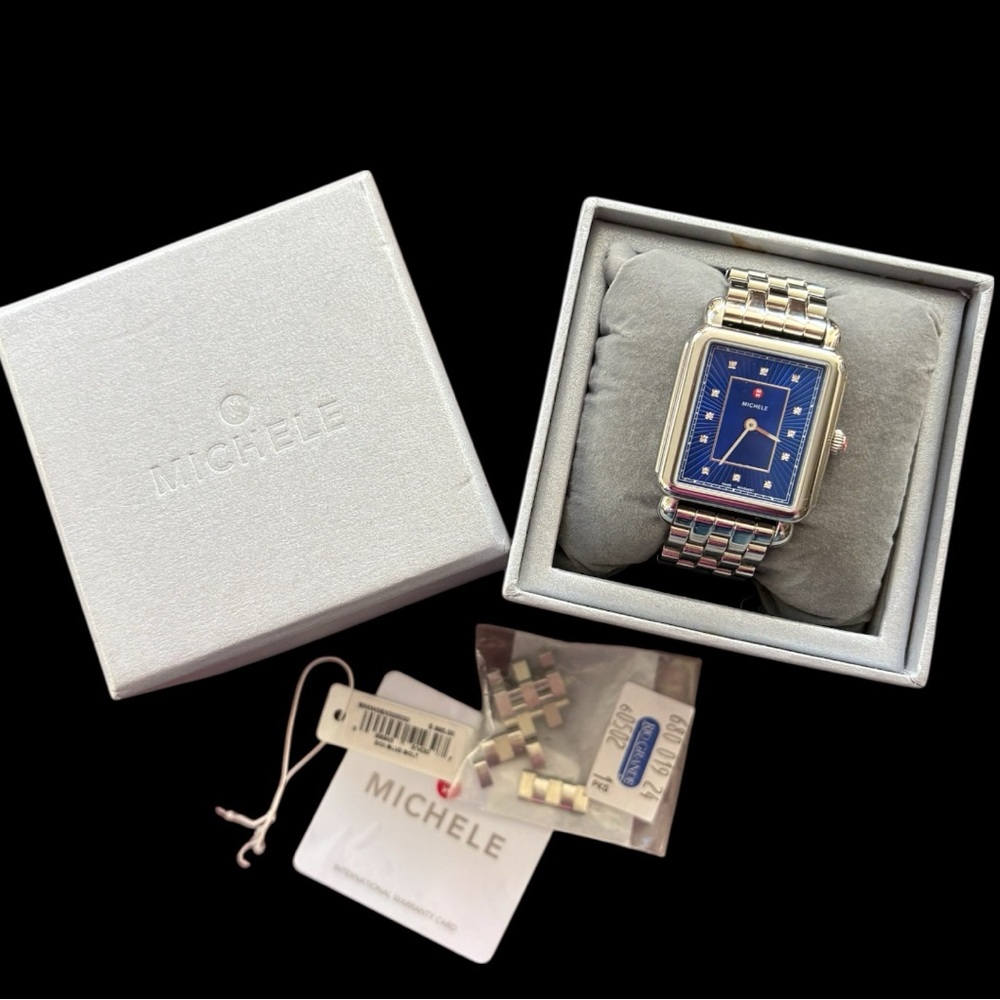 MICHELE Women's Deco II Blue Dial Bracelet w/Diamond Markers - Picture 8 of 10